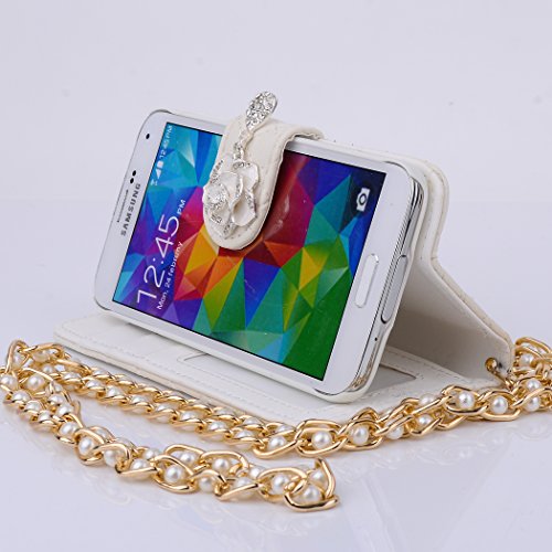 Galaxy S5 Case,Caseland@ Luxury Rhombus Design Camellia Pendant Tassel Women Purse Wallet Folio Leather Case Cover For Samsung Galaxy S5 i9600(White),With Chain