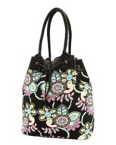 Womens Flower Print Drawstring Beach Bag Tote Handbag in Choice of Colors