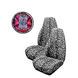 5 Piece Universal Fit Grey Cheetah Print Front Bucket Seat Cover, Steering Wheel Cover and Shoulder Harness Seat Belt Covers