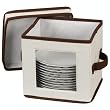 Household Essentials Salad Plate Storage Chest, Natural Canvas with Brown Trim