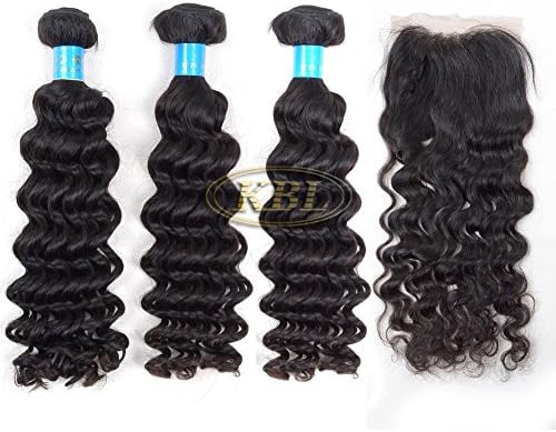 KBL® 7A 3 Bundles Brazilian Hair Deep Wave with 1 Piece 4*4 Silk Base Closure Free Part 180% Density Remy Human Hair Weaves Natural Black (20"22"24" hair weft+14" lace closure)