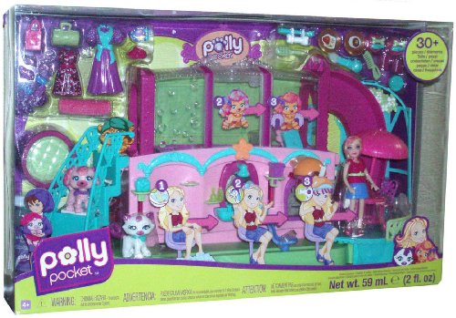 Polly Pocket Sparklin' Pets Spa Playset with Color Change Polly Doll with 2 Set of Outfits, 2 Pets (1 Cat and 1 Dog) Plus Lots More of Accessories