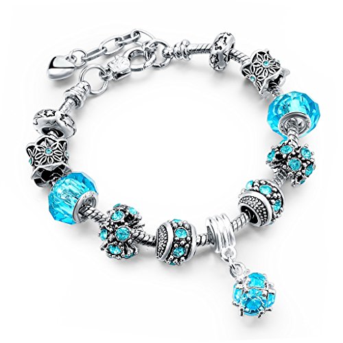 Long Way Blue Beads Carved Bracelet Sliver Plated Snake Chain Charm Strand Bracelet For Women&Men