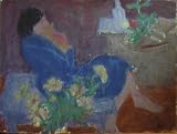 Female Figure Holding Cat, Original Figurative Oil Painting on Board By Carmel Artist Victor Di Gesu (1914-1988) - Unframed Artwork
