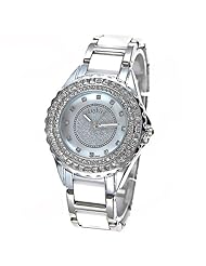Stylish Round Case Rhinestones Quartz Analog Watch Wrist Watch Timepiece with Ceramic Band for Woman Lady - White SWWM2-221245