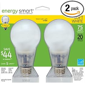GE 74726 20-Watt Energy-Smart Covered Glass CFL Light Bulbs, 75-Watt Equivalent, 2-Pack
