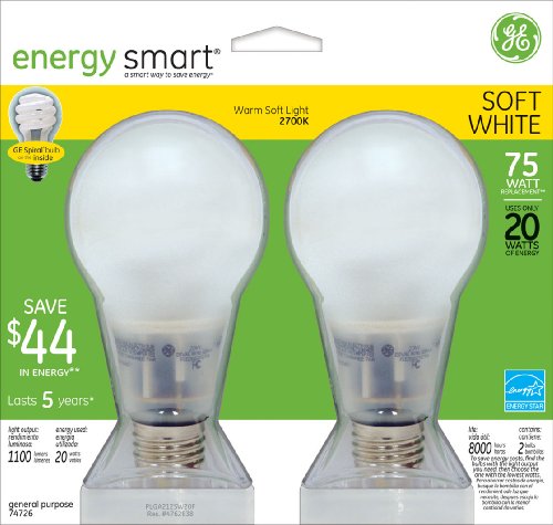 GE 74726-6 20-Watt Energy-Smart Covered Glass CFL Light Bulbs, 75-Watt Output, 6-Pack