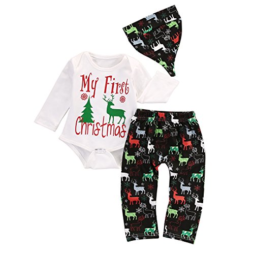 Baby My First Christmas Bodysuit and Deer Print Pants Outfit with Hat (80(6-9M), White+black)