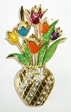 Goldplated Crystal Vase with Tulips Pin
