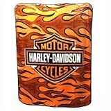 Official Harley Davidson Motorcycles Logo Plush Hypoallergenic Throw Blanket - Orange Black Yellow Flames - Great Gift Idea