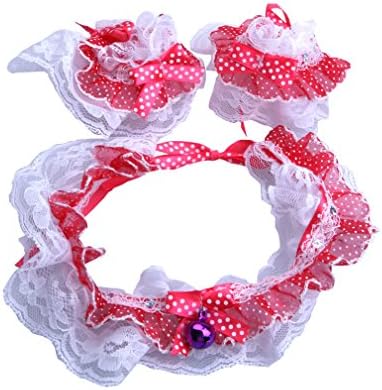 Qpet Bowknot Collar/Bow-Tie with Bell and Lace Scarf and Leg Bands Set for Cats or Small Dogs. Pink. 9"x2"(LxW)
