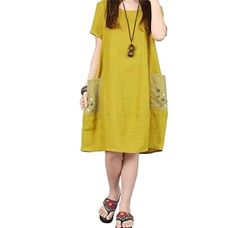【クリックでお店のこの商品のページへ】カジュアル コットン チュニック ワンピース ボタンアップリケ パッチポケット 水 赤 黄 色 M L XL (黄色：XL)： スポーツ＆アウトドア