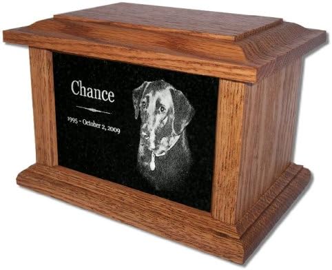 StoneArtUSA Pet Cremation Memorial Urn by Eric Custom Personalized Engraved Granite Light Oak Wood Photo Marker Dog Cat Pet Ashes - Medium for Pets up to 66 Lbs.