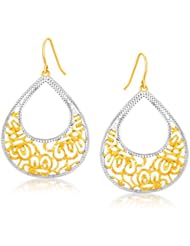 14k Two Tone Gold Textured Fancy Open Teardrop Textured Dangling Earrings