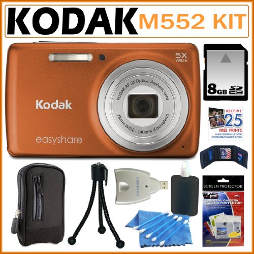 Kodak EasyShare M552 14mp Digital Camera with 5x Optical Zoom and 2.7-Inch LCD in Orange + 8GB Accessory Kit