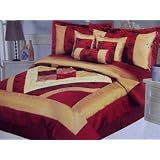 New 7 Piece Taffeta Style Comforter Set Queen Size Gold & Red