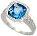 14k White Gold Ring, 1/2" (12mm) wide, w/ 0.23 Carat Round Brilliant Diamonds & 3.86 Carats (9mm) Cushion Cut Blue Topaz Stone