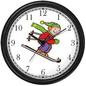 Boy Downhill Alpine Skier Cartoon Snow Skiing Wall Clock by WatchBuddy Timepieces (Slate Blue Frame)