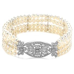 Sterling Silver Cubic Zirconia and Freshwater Cultured Pearl Stretch Bracelet,... by