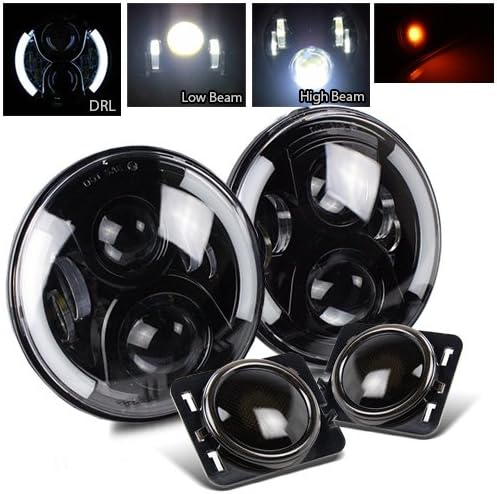 7 Inch Round CREE Black LED Projector Headlight and Hi-Power 5W COB SMD Side Marker(Smoke Amber) for Jeep JK TJ LJ CJ