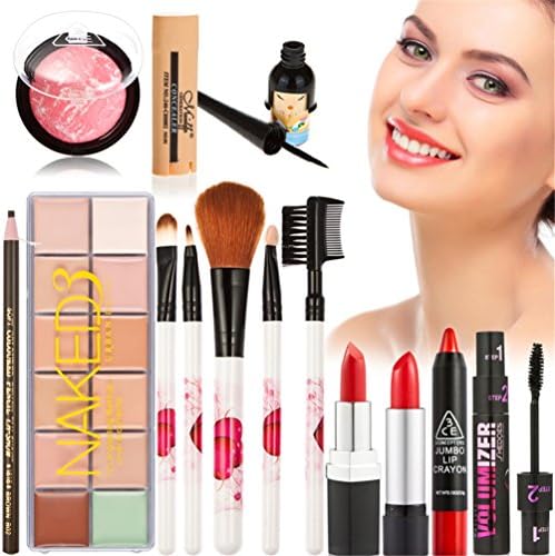Hongteen Professional Cosmetic Makeup Set- Eyebrow Eyeliner+Cartoon Eyeliner+5Pcs Pink Makeup Brush Set+12 Color Makeup Concealer+Lipgross+Concealer+Lipstick+Dual Mascara Cream+Three Eye Blusher