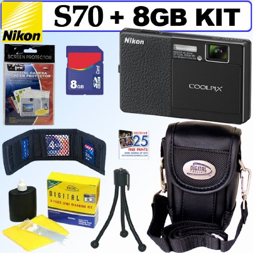 Nikon Coolpix S70 12.1MP Digital Camera Black And Black + 8GB Accessory Kit.