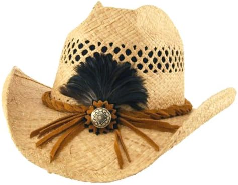 Small Natural Feathered and Corded "Bon Jovi" Vented Straw Western Hat