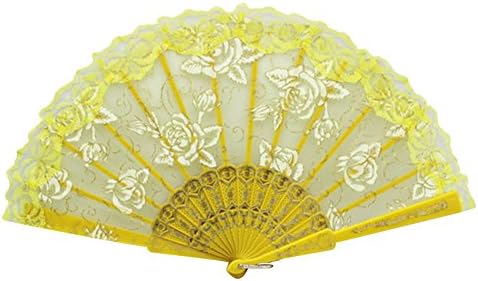 Kasjet Rose Pattern Chinese Folding Hand Held Fan Yellow
