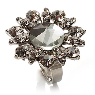 Rhodium Plated Diamante Flower Cocktail Ring (Clear)