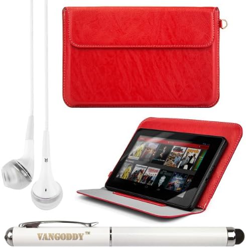 Faux Leather Sleeve Cover w/ Kickstand for Tagital A23 / A13 / A13 Q88 7 inch Tablets + Laser Stylus Pen + White VanGoddy Headphones (Red)