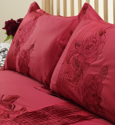 Floral Embroidered Red Ruby Oxford Pillowcase