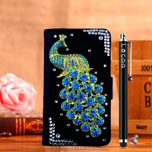 Locaa(TM) Nokia Lumia 630 Nokia630 3D Bling Peacock Case + Phone stylus + Anti-dust ear plug Deluxe Luxury Crystal Pearl Diamond Rhinestone eye-catching Beautiful Leather Retro Support bumper Cover Card Holder Wallet Cases [Peacock Series] Black case - Skyblue peacock