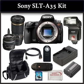Sony SLT-A35 Digital Camera Kit Includes: Sony SLT-A35 Camera, Tamron Telephoto SP AF 180mm f/3.5 Di LD IF Macro Autofocus Lens, Sony SAL-1855 18-55mm f/3.5-5.6 DT AF Zoom Lens, Bower SFD328 Digital Slave Flash, Extended Life Battery, Rapid Travel Charger, HDMI Cable, 16GB SDHC Memory Card, Memory C