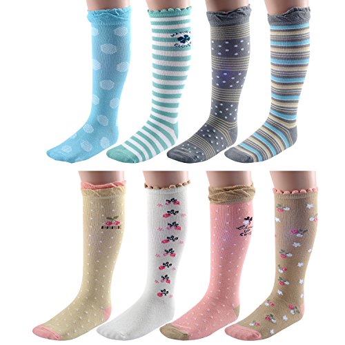 Deer Mum Girl's Colorful Cotton Knee High Lace Top Socks(8 Pairs)