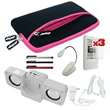 Skque 3PCS Screen Protector+3 Color Stylus Pen+Glove Case(Black With Hot-Pink Trim)+White Fold-up Speaker+White Booklight+White Micro USB Wall Charger+White Micro USB Car Charger For Amazon Kinlde Touch/4G