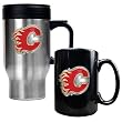 Calgary Flames Stainless Steel Travel Mug & Black Ceramic Mug Set - Primary Logo NHL Hockey
