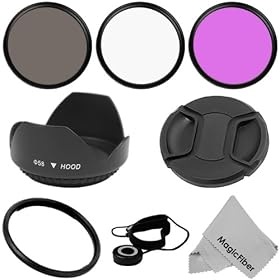 Essential Filter Set for CANON PowerShot SX10 IS and SX1 IS - Includes: Conversion Lens Adapter + Filter Kit (UV, Polarizer and Fluorescent) + Tulip Flower Lens Hood + Lens Cap Center Pinch (w/ Cap Keeper) + MagicFiber Microfiber Lens Cleaning Cloth