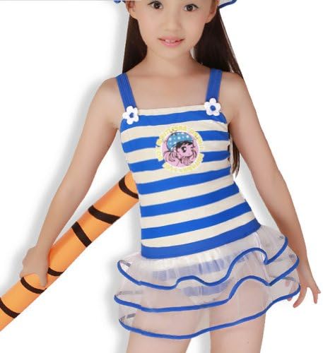 Deer Mum Kid Girl Colorful Stripe Print with Transparent Bubble Skirt Shape 2 Pcs/swimsuits Two-pieces Swimwear (12, Blue)