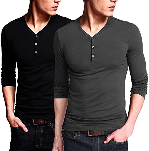 Niceclo Men's Long Sleeve T Shirts Casual Slim Fit Henley Shirt XX-Large Pack of 2