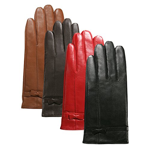 Luxury Lane Women's Cashmere Lined Leather Gloves with Bow