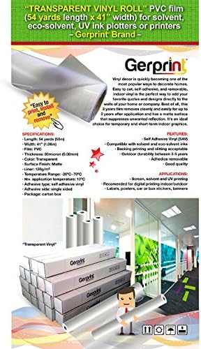 GERCUTTER Store - Premium Transparent Vinyl ROLL (54 Yards Length x 41" Width) PVC Film for Wide Format Printing Applications, Matte 120gsm