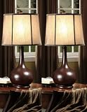 Set of 2 Dark Red & Fabric Shade Table Lamps