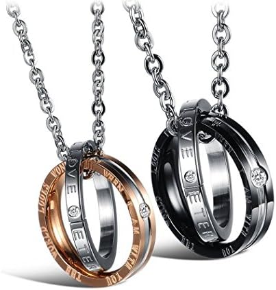 Valentine Couple Matching Interlocking Double Rings Engraved Promise His &amp; Hers Pendant Necklace Sets