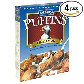 Barbara's Bakery Puffins Crunchy Corn Cereal, Cinnamon, 12-Ounce Boxes (Pack of 4)