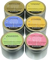 TOP 6 Aromatherapy Candles- made with 100% pure essential oils- Vanilla Rose, Eucalyptus & Peppermint, Frankincense & Patchouli, Lavender, Lemongrass & Orange & Tangerine & Lavender- 144 hr. total burn time