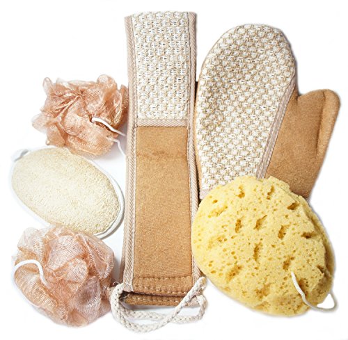 Loofah Set(6 Pieces- All you need) Exfoliating bath scrubber - Natural Sponge for clean fresh feeling-1 Back Scrubber, 2 Sponge balls, 1 Bath Glove, 1 Bath Sponge and 1 Loofah pad