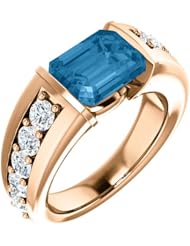 14K Rose Gold 9.00x7.00mm Emerald Cut London Blue Topaz and Diamond Ring -- LIFETIME WARRANTY