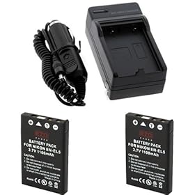 EZOPower 2x EN-EL5 Digital Camera Replacement Battery 1100mAh EZCBA23 + Travel Charger with Car Adapter for Nikon COOLPIX P500, P510, P100, P90, P80, P6000, P5100, P5000