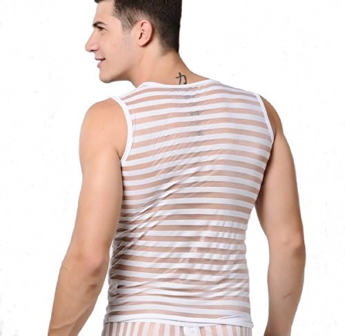 Sexy Men See-through Mesh Tank Top Stripe Transparent Shirt Vest (2) Large : Chest-35", White)