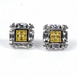 Men's Earrings with Yellow Topaz and Clear CZ - Sterling Silver - 14 x 14 mm